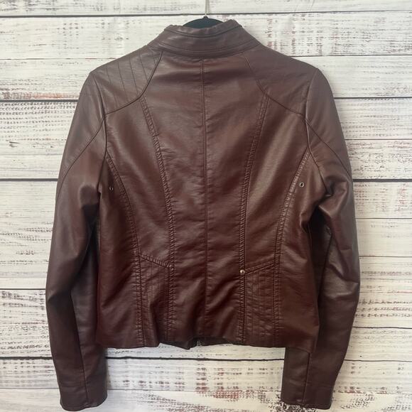 JOU JOU-WOMENS FAUX LEATHER JACKET BURGUNDY SIZE MEDIUM - Picture 2 of 10